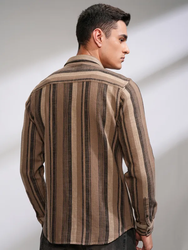 Highlander Men Beige Striped Slim Fit Casual Shirt