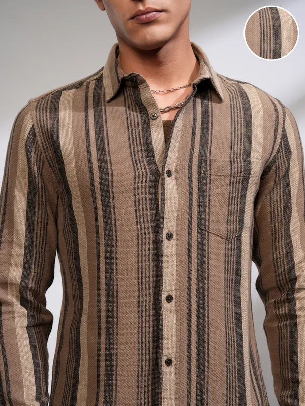 Highlander Men Beige Striped Slim Fit Casual Shirt