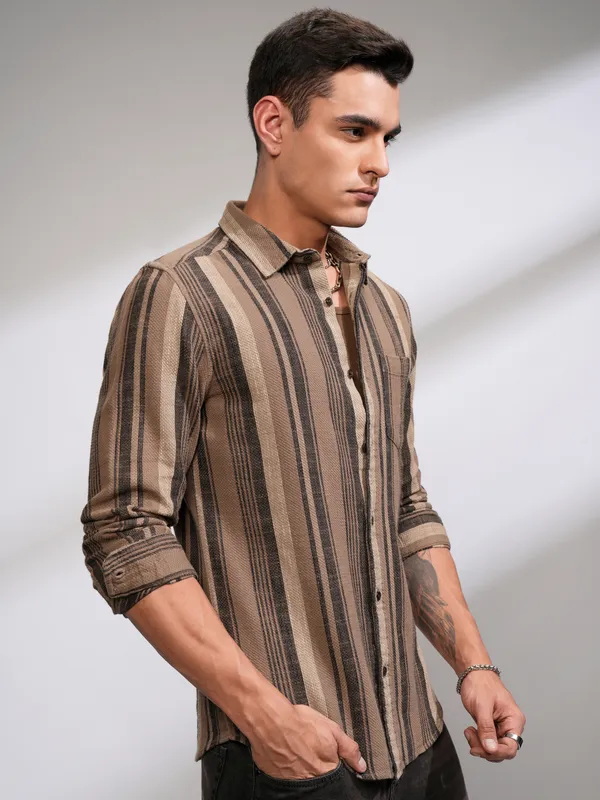Highlander Men Beige Striped Slim Fit Casual Shirt