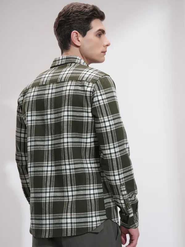 Highlander Men Olive Checked Slim Fit Casual Shirt