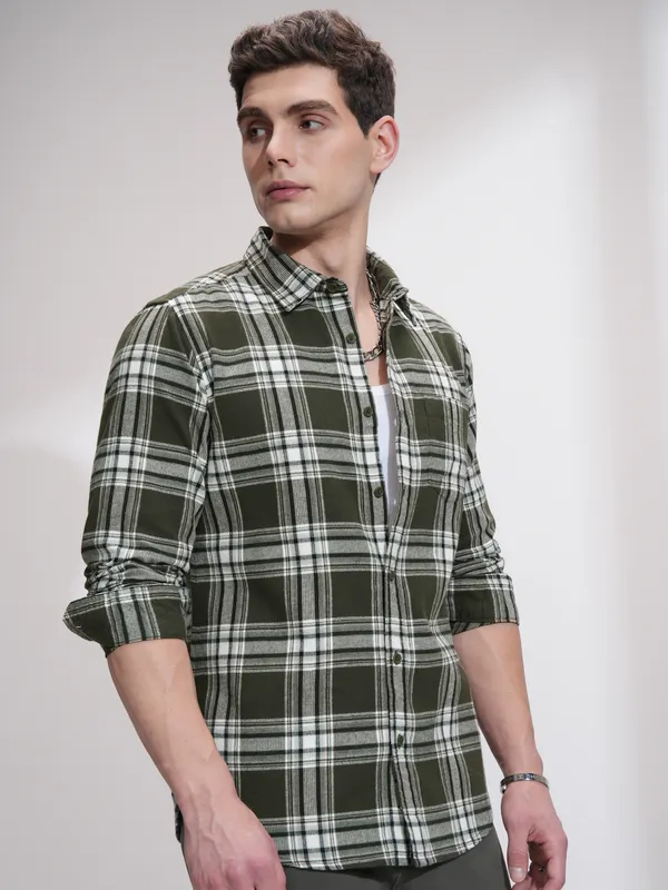 Highlander Men Olive Checked Slim Fit Casual Shirt