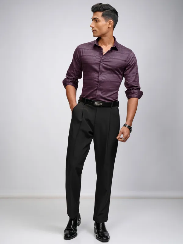 Highlander Men Purple Self Design Slim Fit Casual Shirt