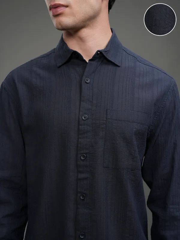 Highlander Men Navy Blue Striped Relaxed Casual Shirt