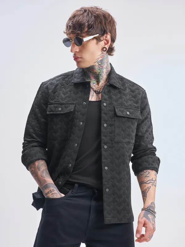 Highlander Men Black Self Design Relaxed Fit Casual Shirt