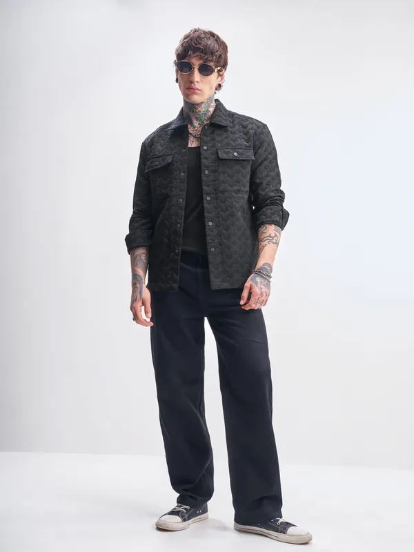 Highlander Men Black Self Design Relaxed Fit Casual Shirt