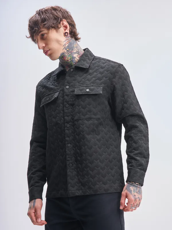 Highlander Men Black Self Design Relaxed Fit Casual Shirt