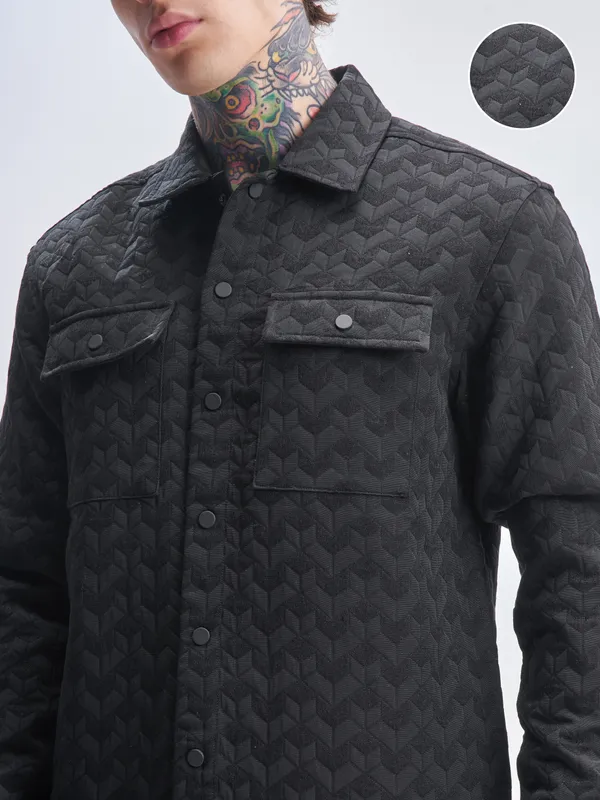 Highlander Men Black Self Design Relaxed Fit Casual Shirt