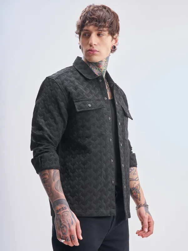 Highlander Men Black Self Design Relaxed Fit Casual Shirt