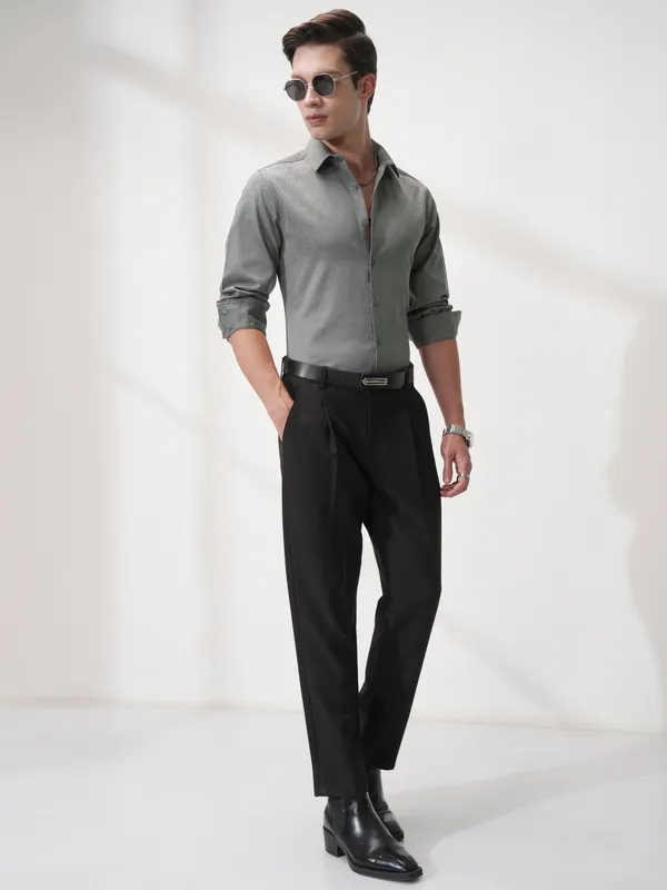 Highlander Men Grey Self Design Slim Fit Casual Shirt