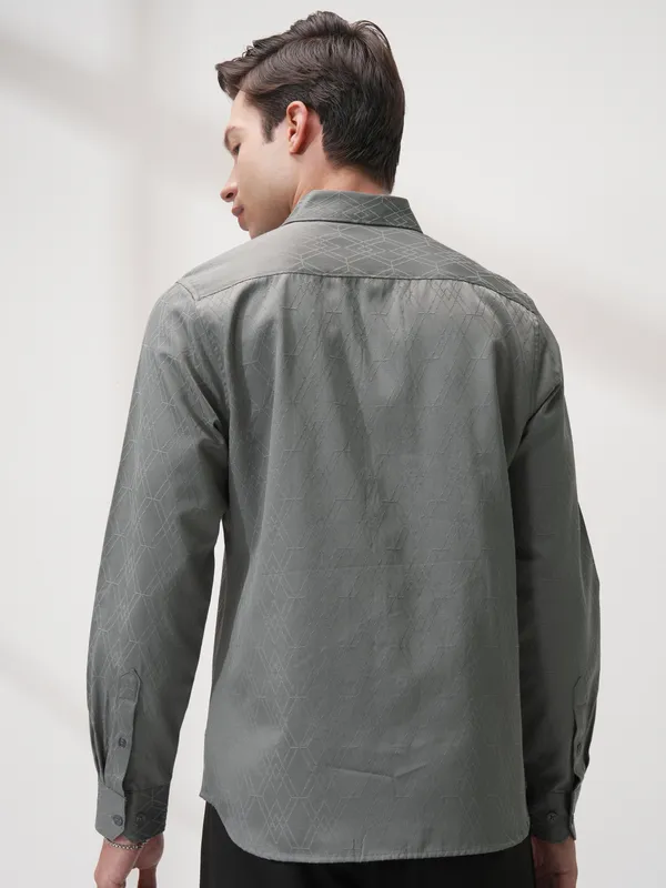 Highlander Men Grey Self Design Slim Fit Casual Shirt