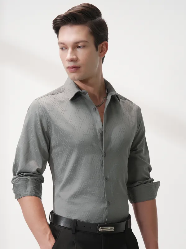 Highlander Men Grey Self Design Slim Fit Casual Shirt
