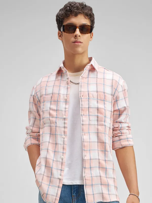 Highlander Men Peach Checked Regular Fit Casual Shirt