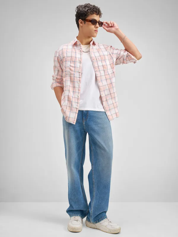 Highlander Men Peach Checked Regular Fit Casual Shirt