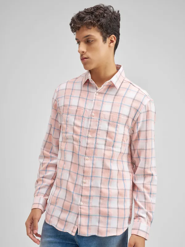 Highlander Men Peach Checked Regular Fit Casual Shirt