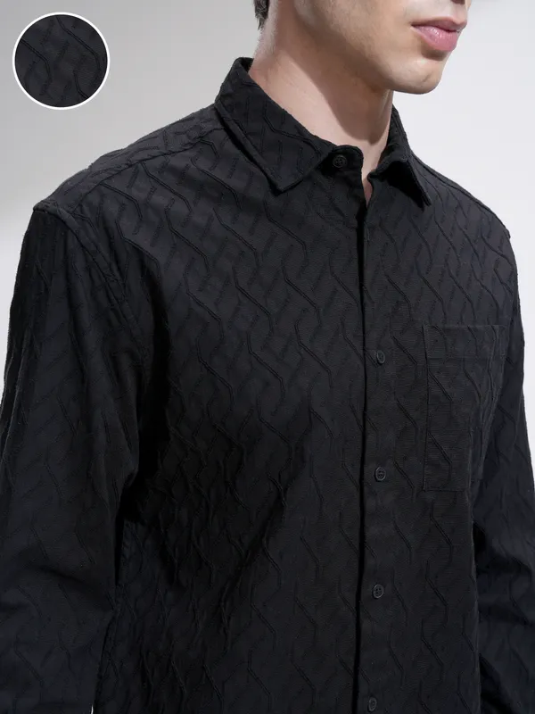 Highlander Men Black Self Design Relaxed Fit Casual Shirt