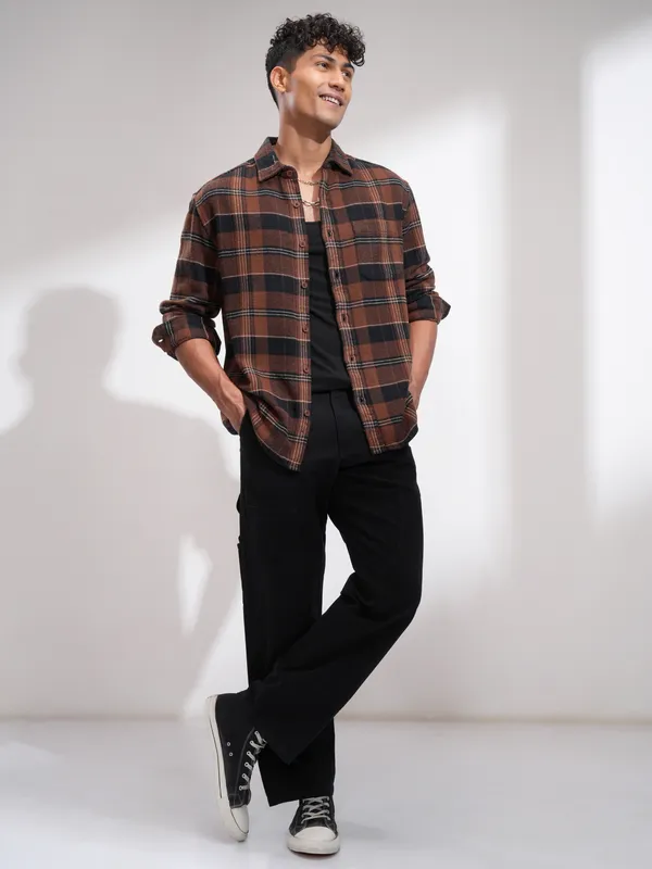 Highlander Men Rust Checked Relaxed Fit Casual Shirt