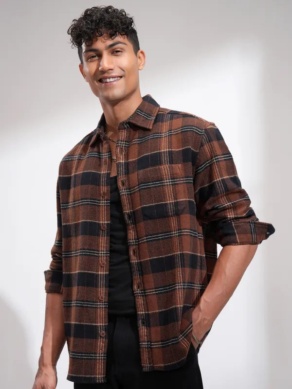 Highlander Men Rust Checked Relaxed Fit Casual Shirt