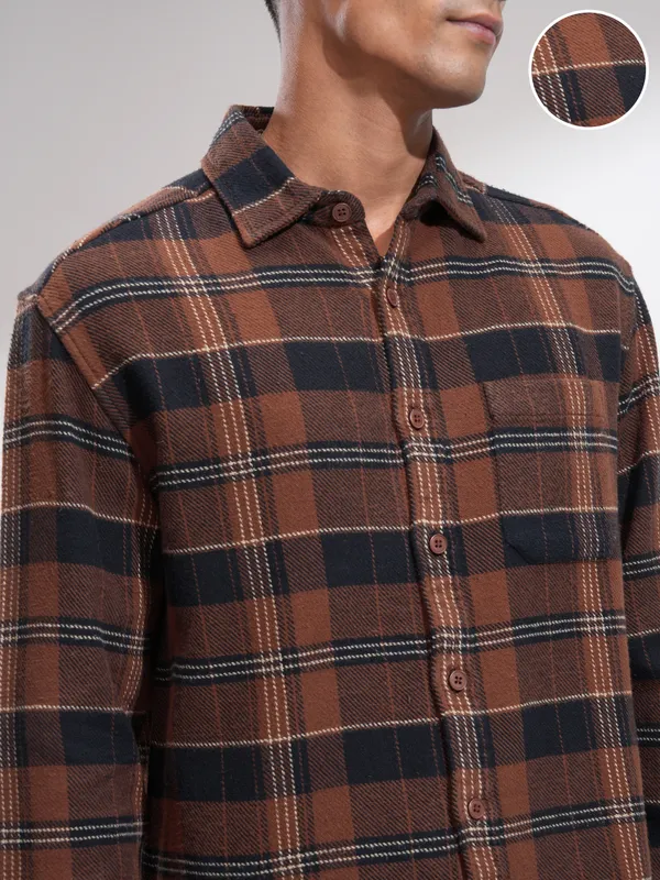 Highlander Men Rust Checked Relaxed Fit Casual Shirt