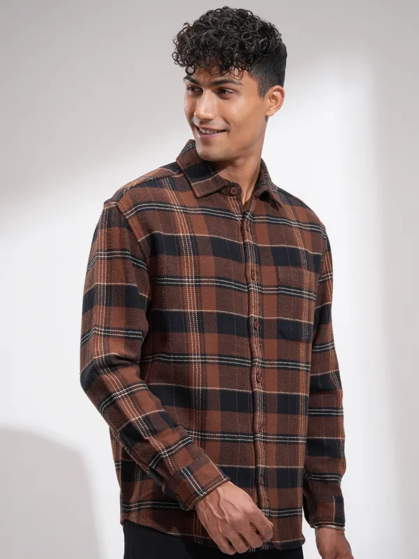 Highlander Men Rust Checked Relaxed Fit Casual Shirt