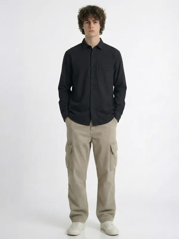 Highlander Men Black Self Design Regular Fit Casual Shirt