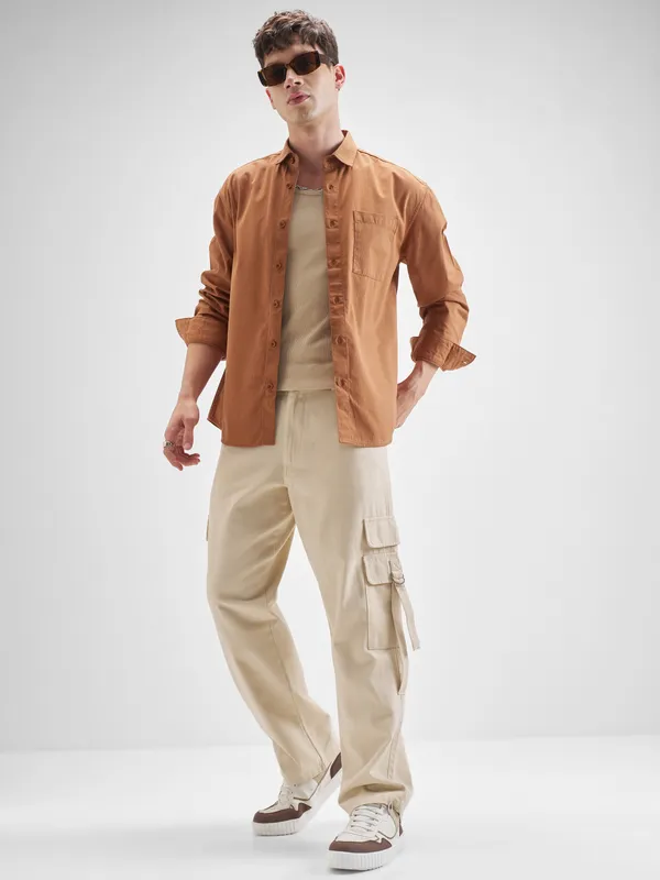 Highlander Men Orange Solid Relaxed Fit Casual Shirt