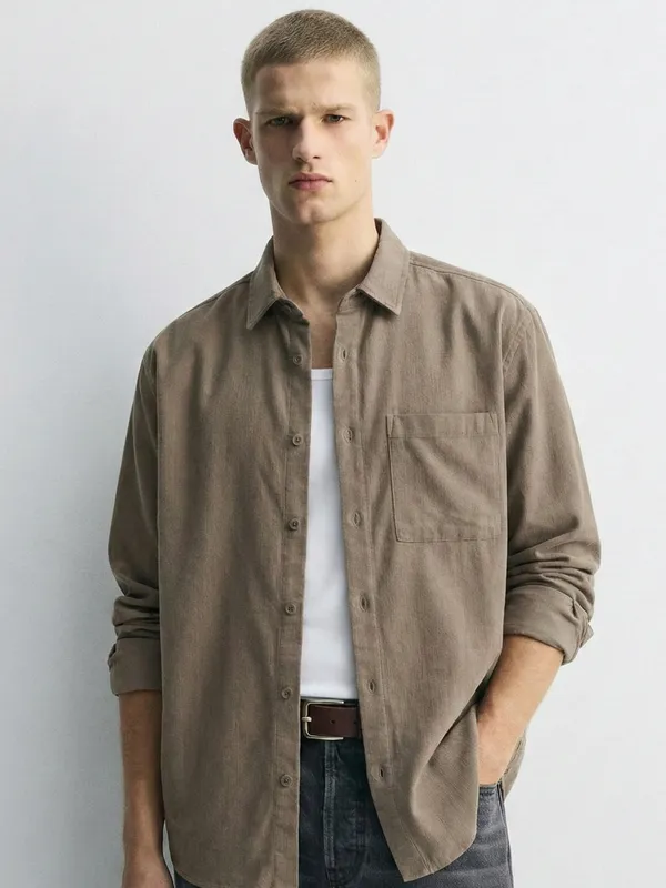 Highlander Men Khaki Self Design Relaxed Fit Casual Shirt