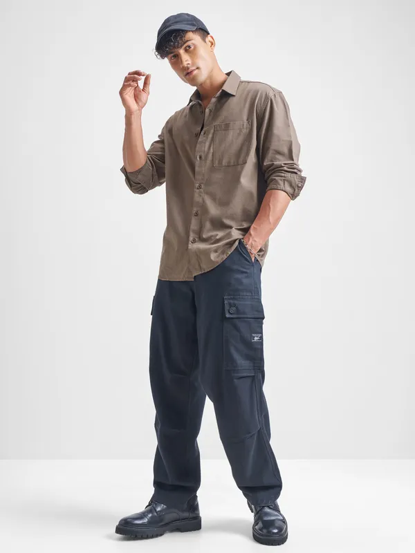 Highlander Men Khaki Self Design Relaxed Fit Casual Shirt