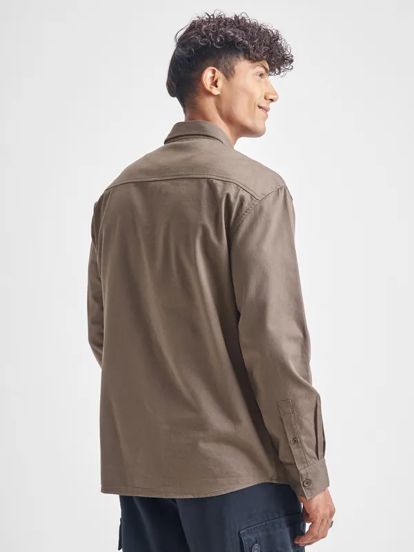 Highlander Men Khaki Self Design Relaxed Fit Casual Shirt