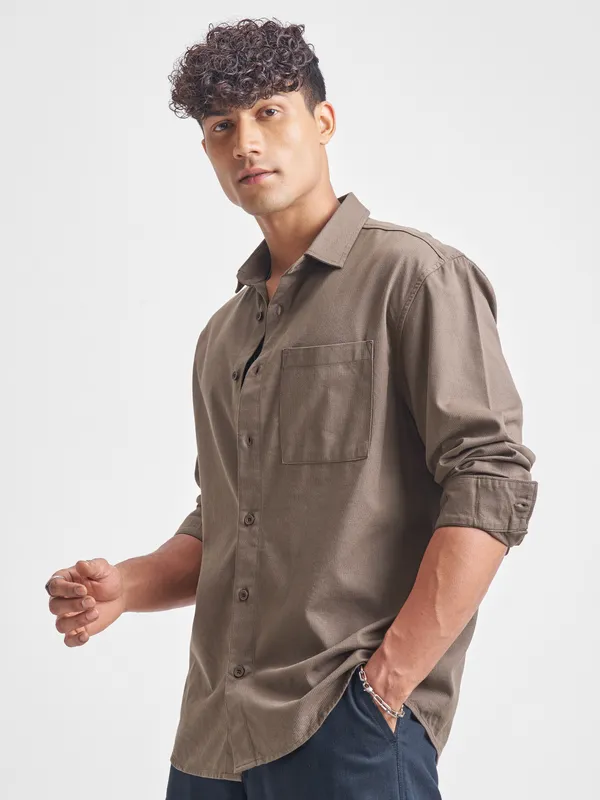 Highlander Men Khaki Self Design Relaxed Fit Casual Shirt