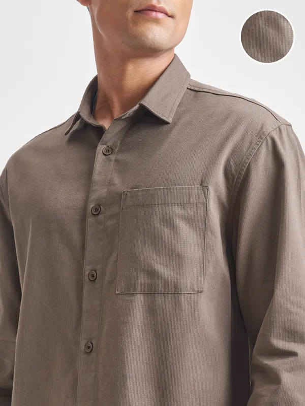 Highlander Men Khaki Self Design Relaxed Fit Casual Shirt
