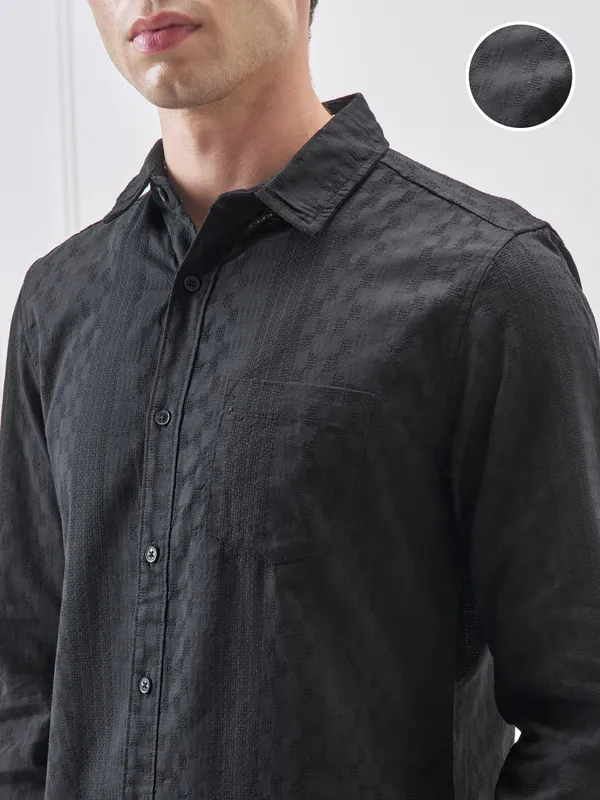 Highlander Men Black Self Design Slim Fit Casual Shirt