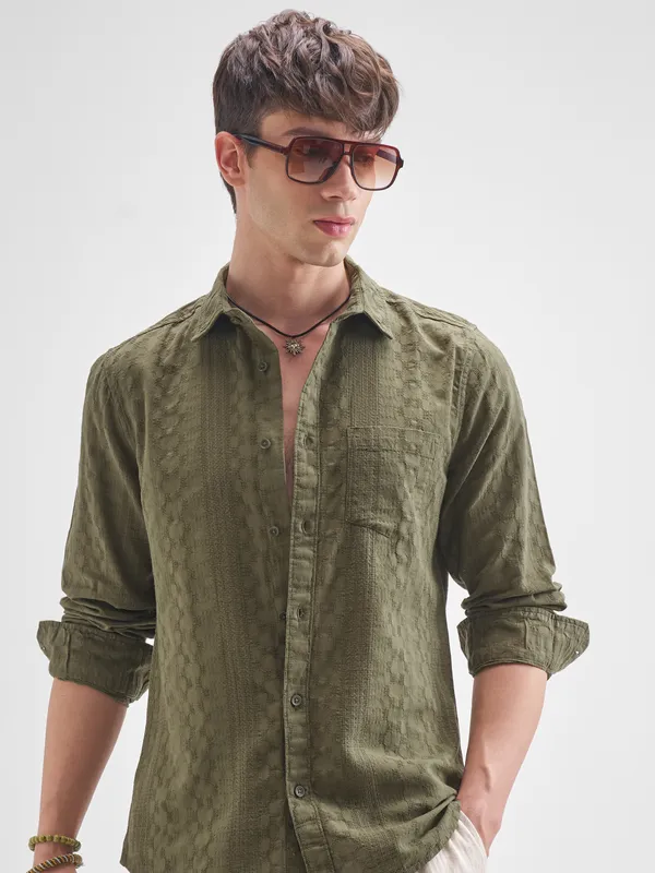 Highlander Men Olive Self Design Slim Fit Casual Shirt