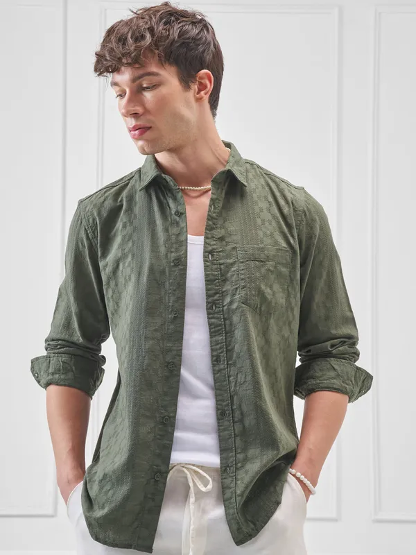 Highlander Men Green Self Design Slim Fit Casual Shirt