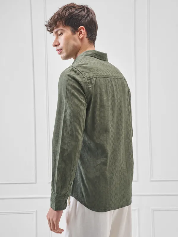 Highlander Men Green Self Design Slim Fit Casual Shirt