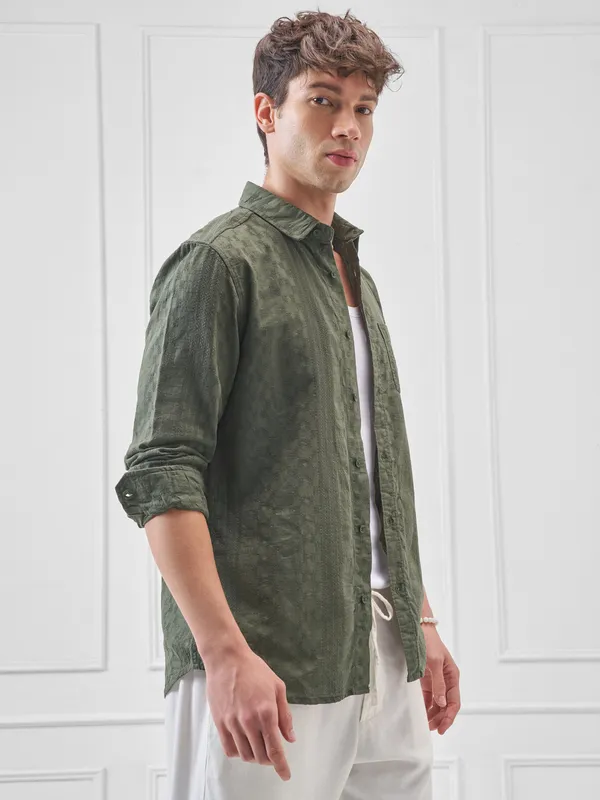 Highlander Men Green Self Design Slim Fit Casual Shirt