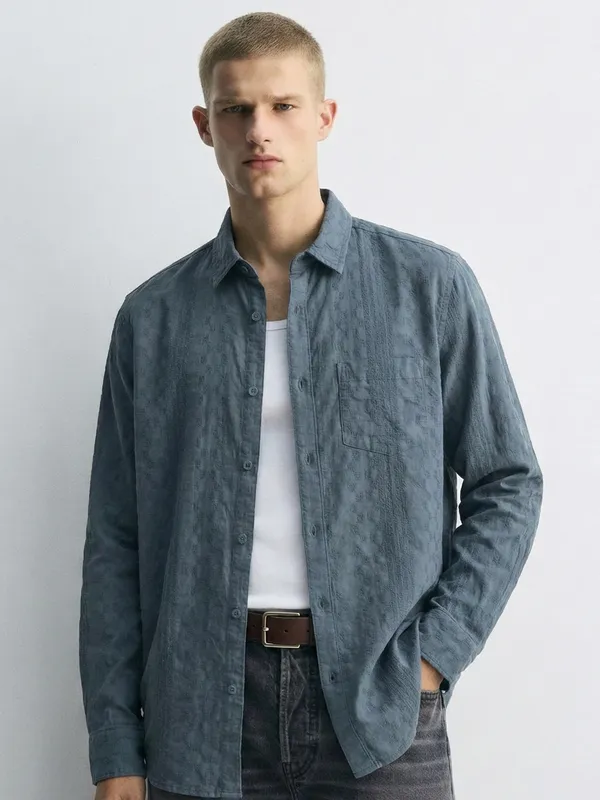 Highlander Men Blue Self Design Slim Fit Casual Shirt