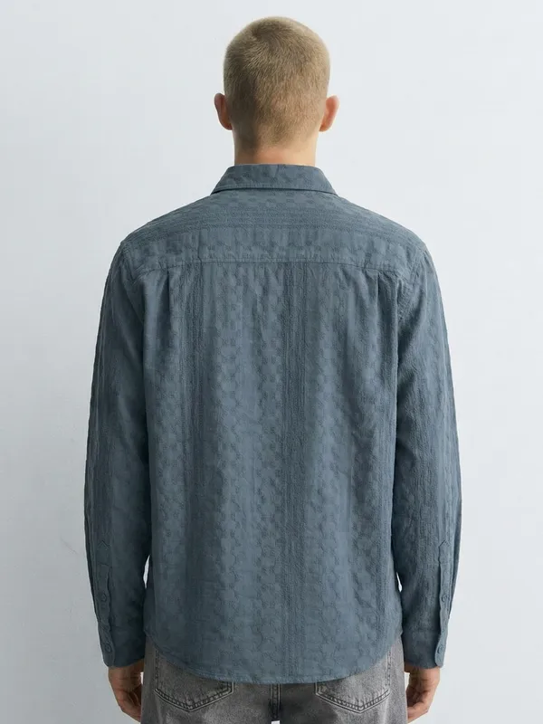 Highlander Men Blue Self Design Slim Fit Casual Shirt