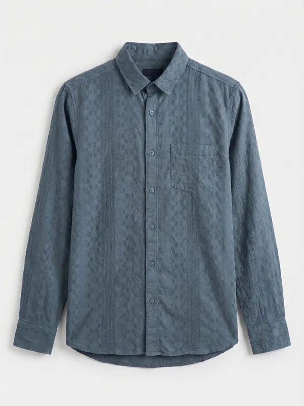 Highlander Men Blue Self Design Slim Fit Casual Shirt