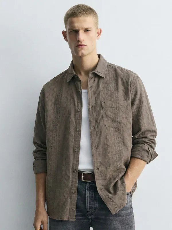 Highlander Men Khaki Self Design Slim Fit Casual Shirt