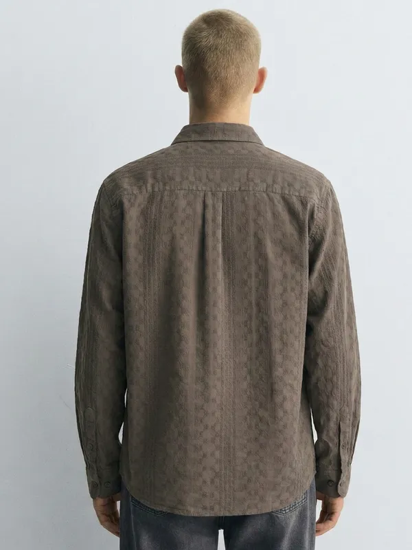 Highlander Men Khaki Self Design Slim Fit Casual Shirt