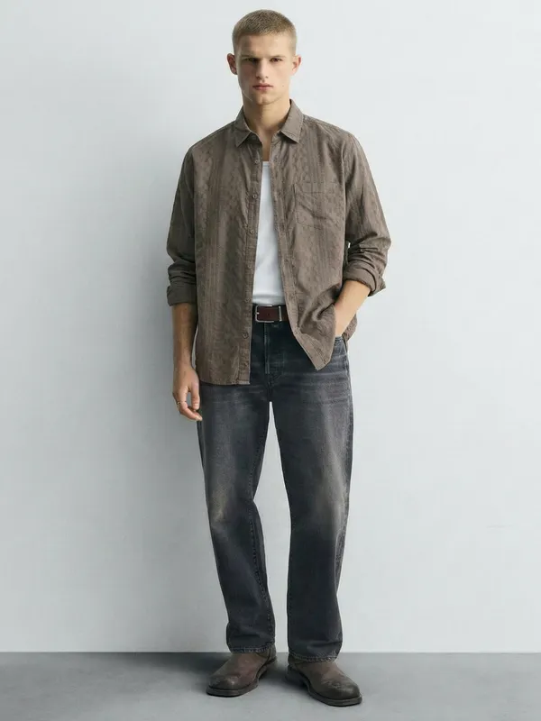 Highlander Men Khaki Self Design Slim Fit Casual Shirt