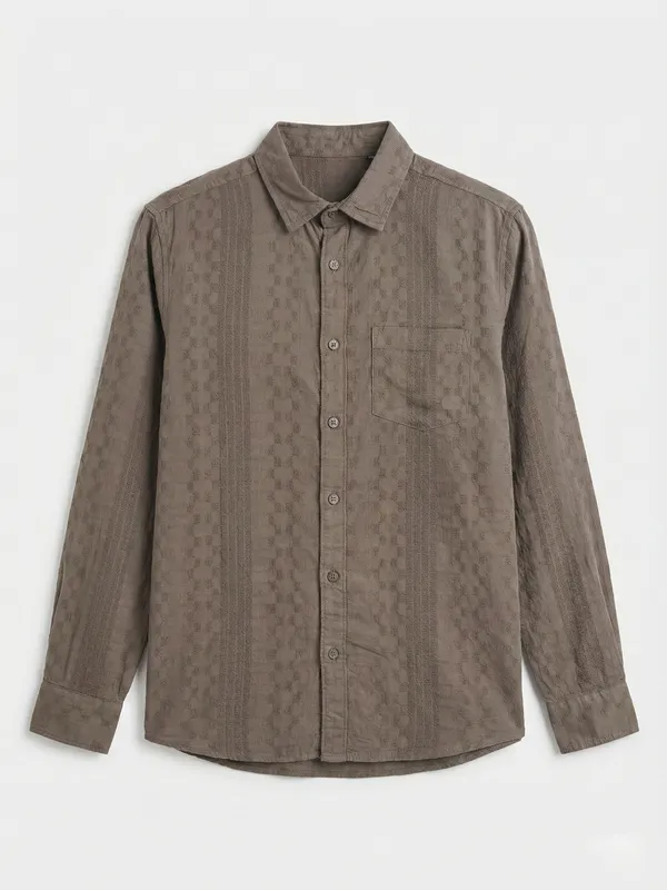 Highlander Men Khaki Self Design Slim Fit Casual Shirt