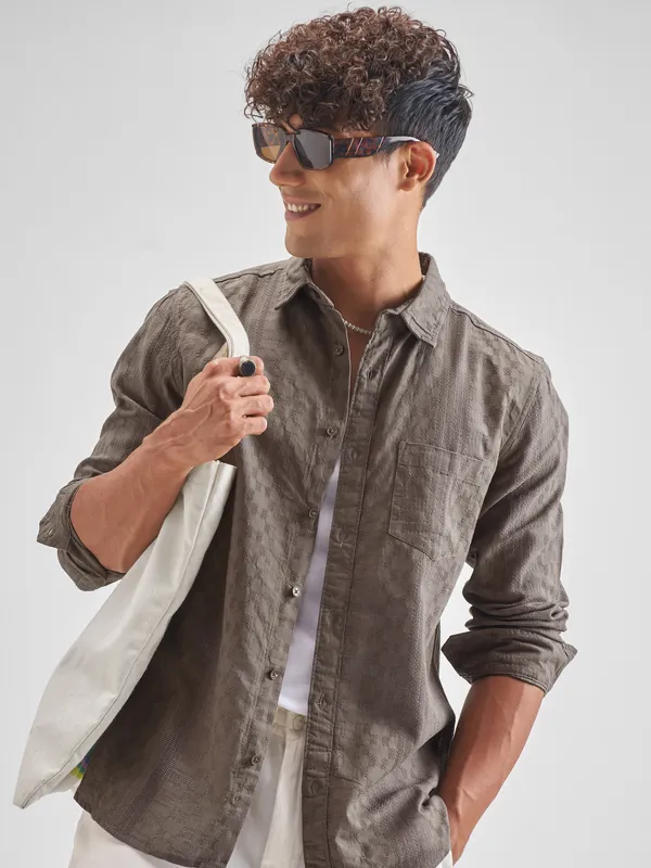 Highlander Men Khaki Self Design Slim Fit Casual Shirt