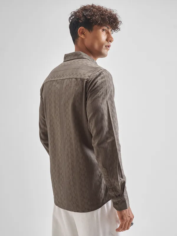 Highlander Men Khaki Self Design Slim Fit Casual Shirt