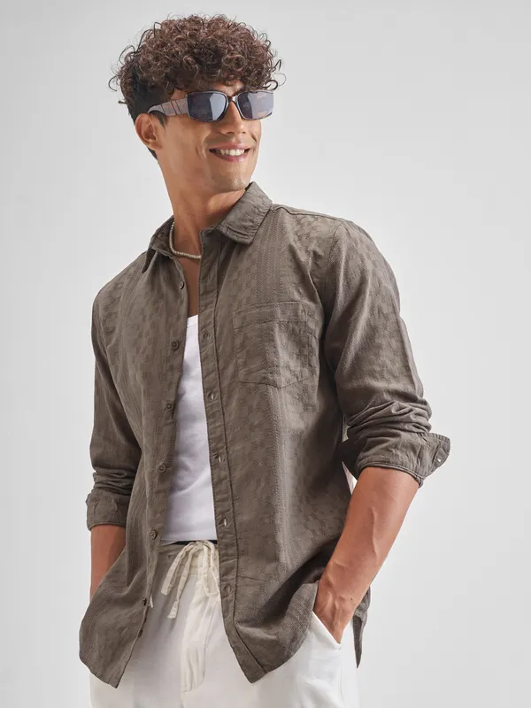 Highlander Men Khaki Self Design Slim Fit Casual Shirt