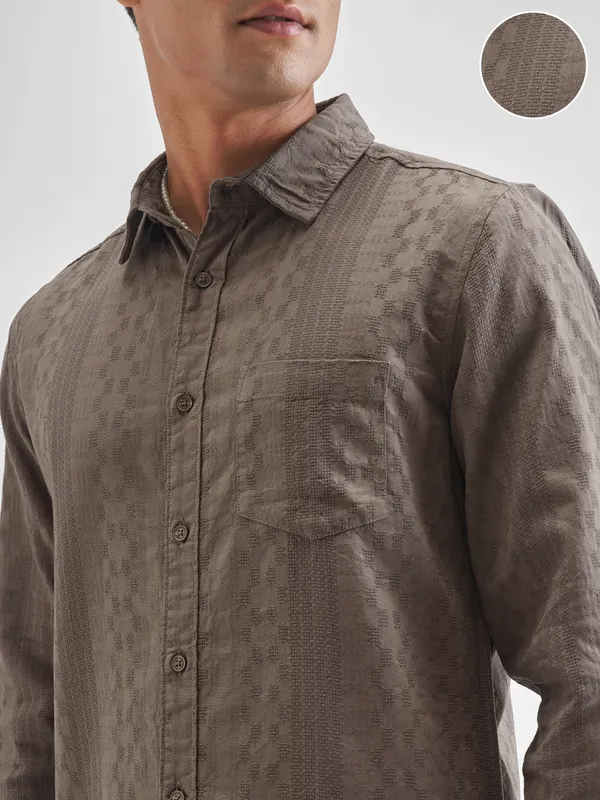 Highlander Men Khaki Self Design Slim Fit Casual Shirt