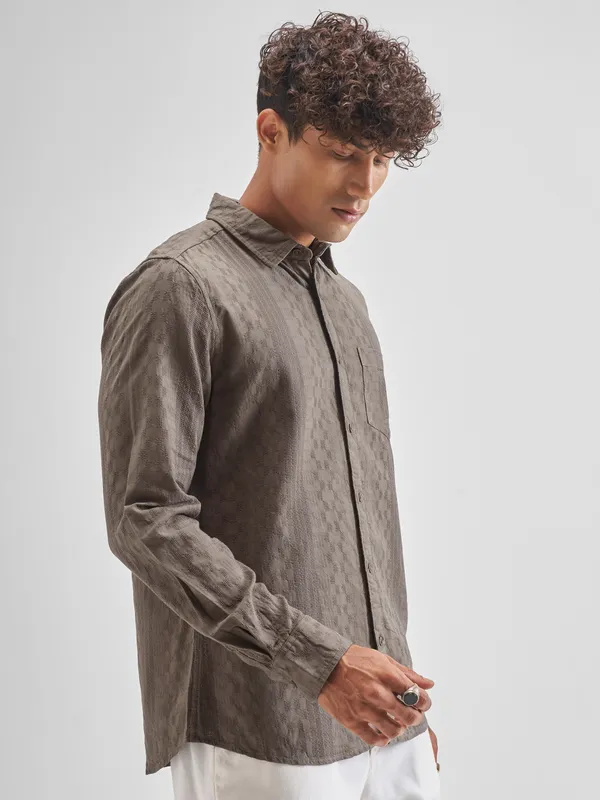 Highlander Men Khaki Self Design Slim Fit Casual Shirt