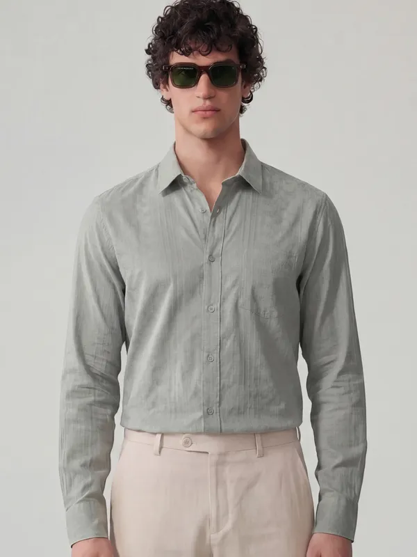 Highlander Men Green Self Design Slim Fit Casual Shirt