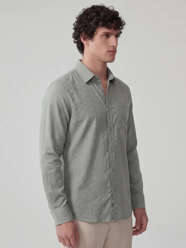 Highlander Men Green Self Design Slim Fit Casual Shirt