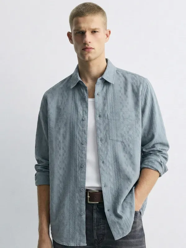 Highlander Men Blue Self Design Slim Fit Casual Shirt